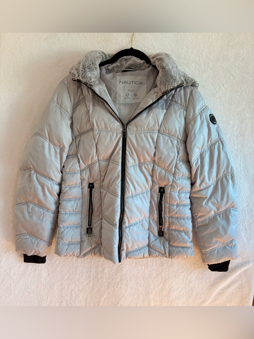 Nautica Girls Large (L/G) Light Blue Puffer Coat Faux Fur Hood Water Resistant